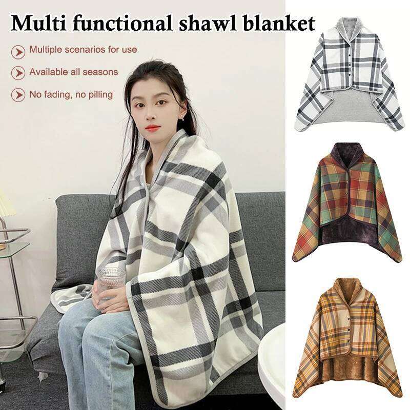 Wearable Plaid Fleece With Button Winte Warm Throws On Sofa Bed Travel Thicken Bedroom Office Air Conditioning Blanket W260120