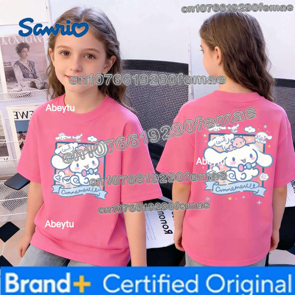 Sanrio Summer Cinnamoroll Print Cotton Short Sleeve T-shirt for Big Children Girls Cute Casual Family Clothing Top H260120