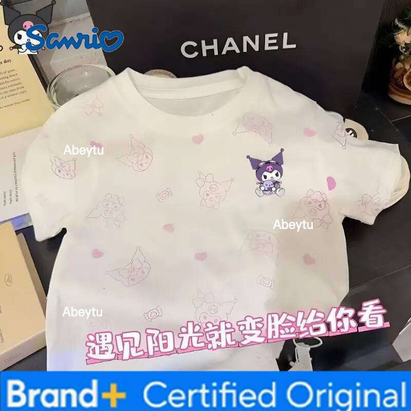 Sanrio Kuromi Kawaii Anime Girls T Shirt Cartoon Round Neck Short Sleeve Summer New Style Stylish Sweet Soft Comfortable Cotton H260120