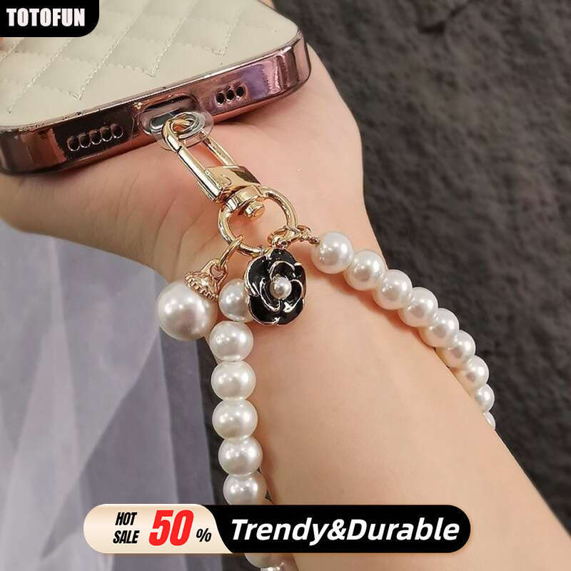 Double Layer Pearl Phone Wristlet with Camellia Pendant - Detachable Strap for Phones, Bags & Keys, Trendy Women's Accessory