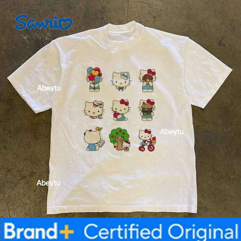 Sanrio Hello Kitty Series Funny Print Cotton T-Shirt Summer Cartoon Graphic Women's T-shirts Crew Neck Fashion Loose Casual Top H260120