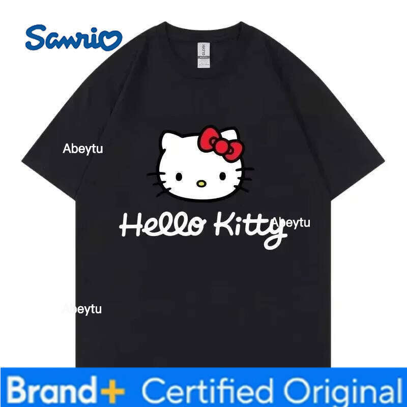 Sanrio MINISO Hello Kitty Cartoon Anime Women T-shirt Summer Short Sleeve 100% Cotton Men Tee Shirts Tops Fashion Couple Clothing Gift H260120