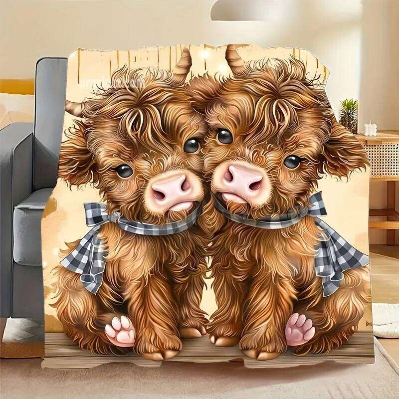 Cute Cartoon Highland Cow Flannel Blanket Soft Warm All-Season Throw | Perfect for Sofa Bed Office Travel W260120