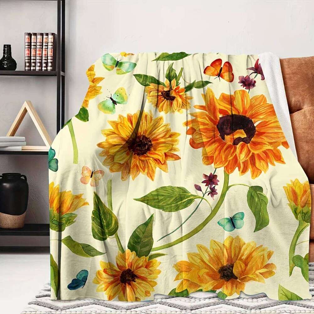 Sunflower Butterfly Garden Floral Pattern Fleece Blanket Bright Yellow Green Nature Theme Soft Flannel Throw Couch Cover Home W260120