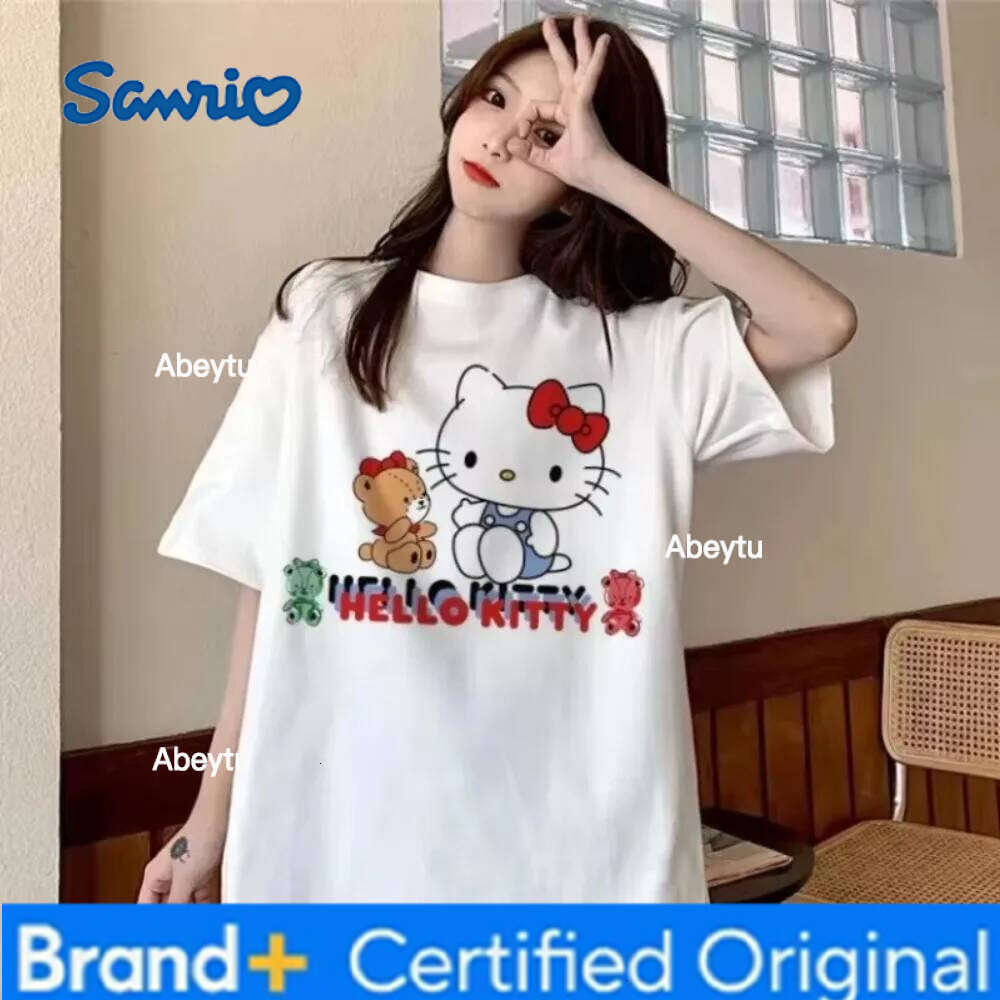 Sanrio MINISO Hello Kitty Cute White T-shirt New Korean Y2K Street Campus Style Women's Oversized Quick-dry Top H260120