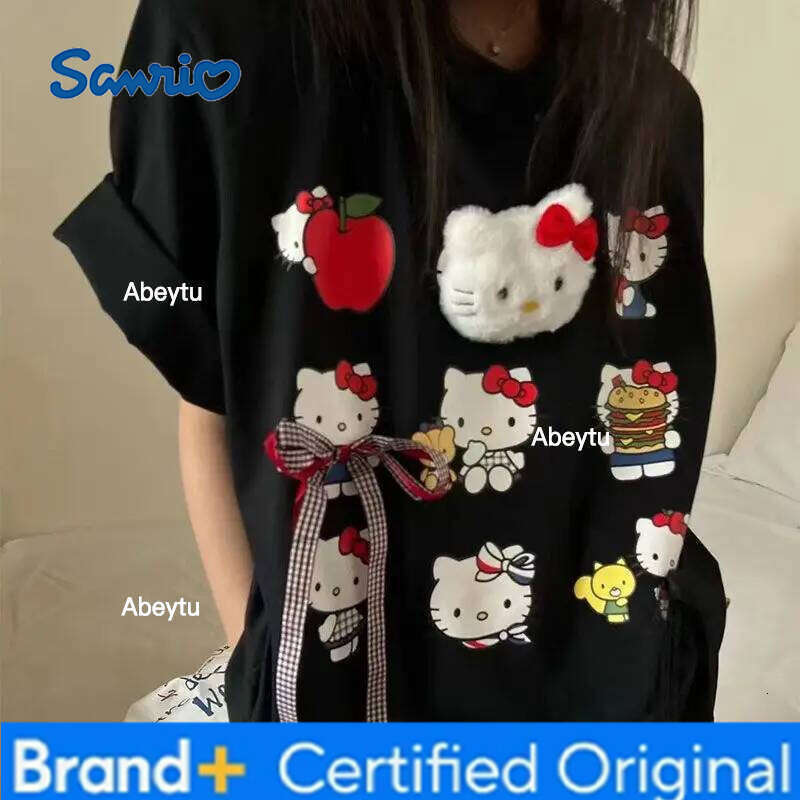 Sanrio HelloKitty girl t-shirt Spring and summer Pure cotton Cartoon Loose short sleeves Kawaii Jacket Three-dimensional doll H260120