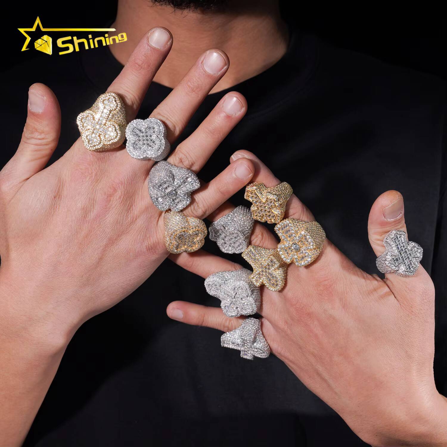 GRA Certificate Solid 925 Silver Gold Plated Fine Jewelry Sparkle Cross Style Iced Out Moissanite Men Rings Hip Hop Ring