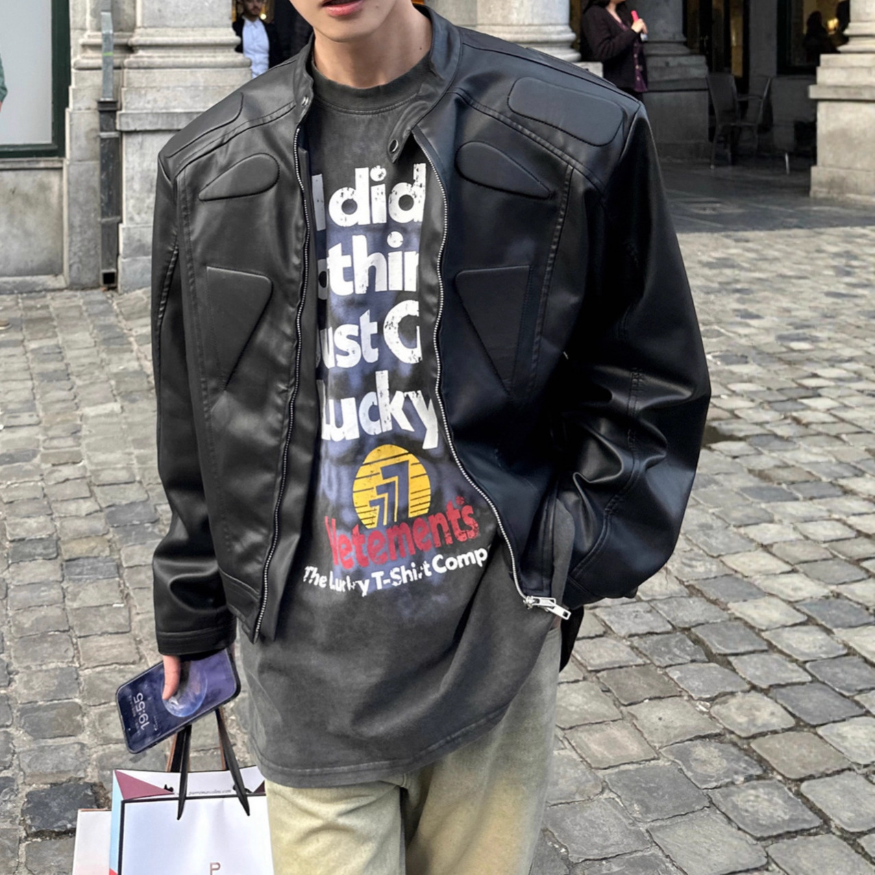 Y2k Vintage Reaven Anthem Leather Jacket Black Loose Geometry Pattern Embroidery Bomber Zip Up Jackets Coat Punk Men Clothing 250219