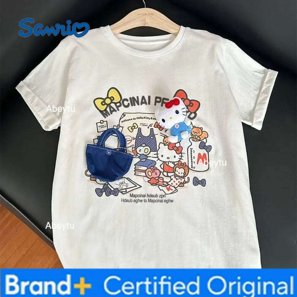 Sanrio HelloKitty Pure Cotton Cute Cartoon Printing Loose Round Neck T-shirt Summer New Fashion Comfort Design Versatile Tops H260120