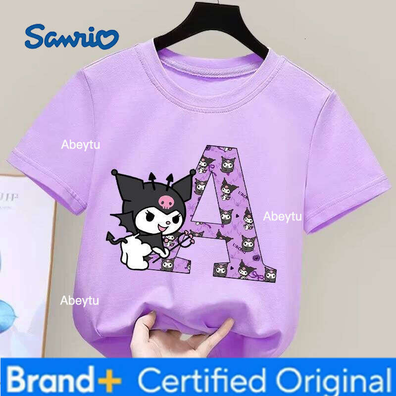 Sanrio Kuromi Children's T-shirt Cute Cartoon Anime Letter A-Z Print Girls Clothes Fashion Kids Toddler Cotton Short Sleeve Tops H2601201