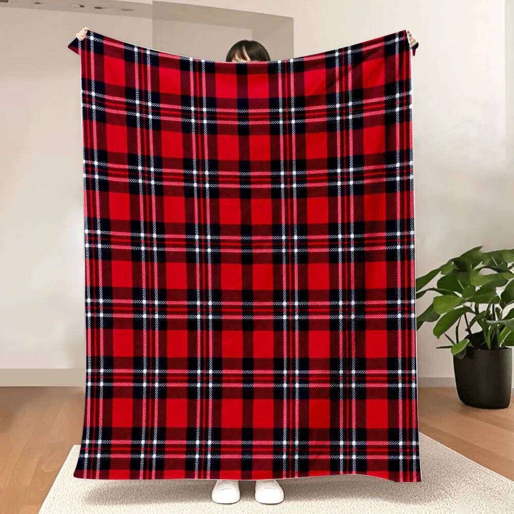 Classic Tartan Plaid Throw Blanket - Bright Red with Black White Checkered Pattern, Symmetrical Traditional Design, Soft & W260120