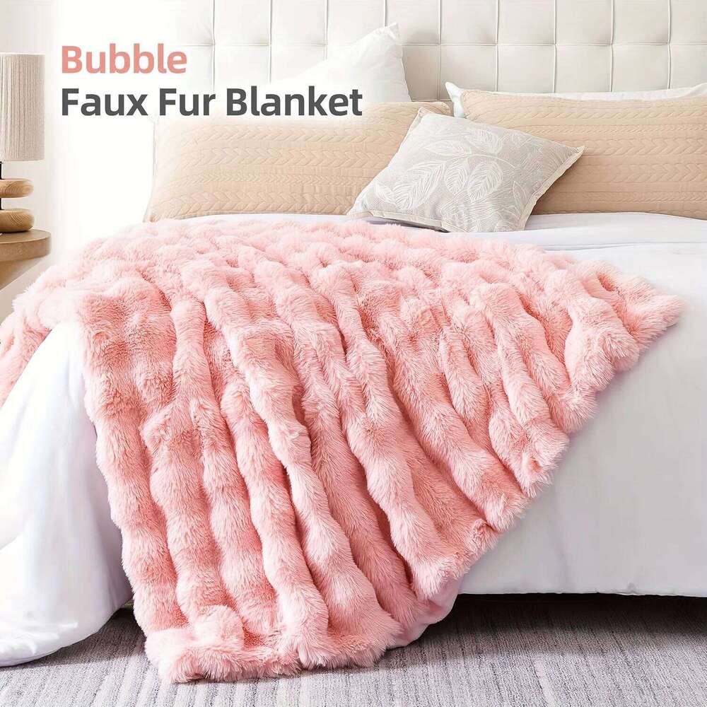 Faux Rabbit Fur Blanket, Plush Bubble Texture, All-Season Cozy Bedspread for Bed & Sofa, 40"x60", Beige. W260120