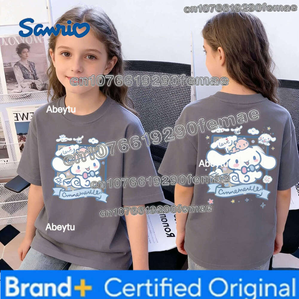 Sanrio Summer Cinnamoroll Print Cotton Short Sleeve T-shirt for Big Children Girls Cute Casual Family Clothing Top H260120