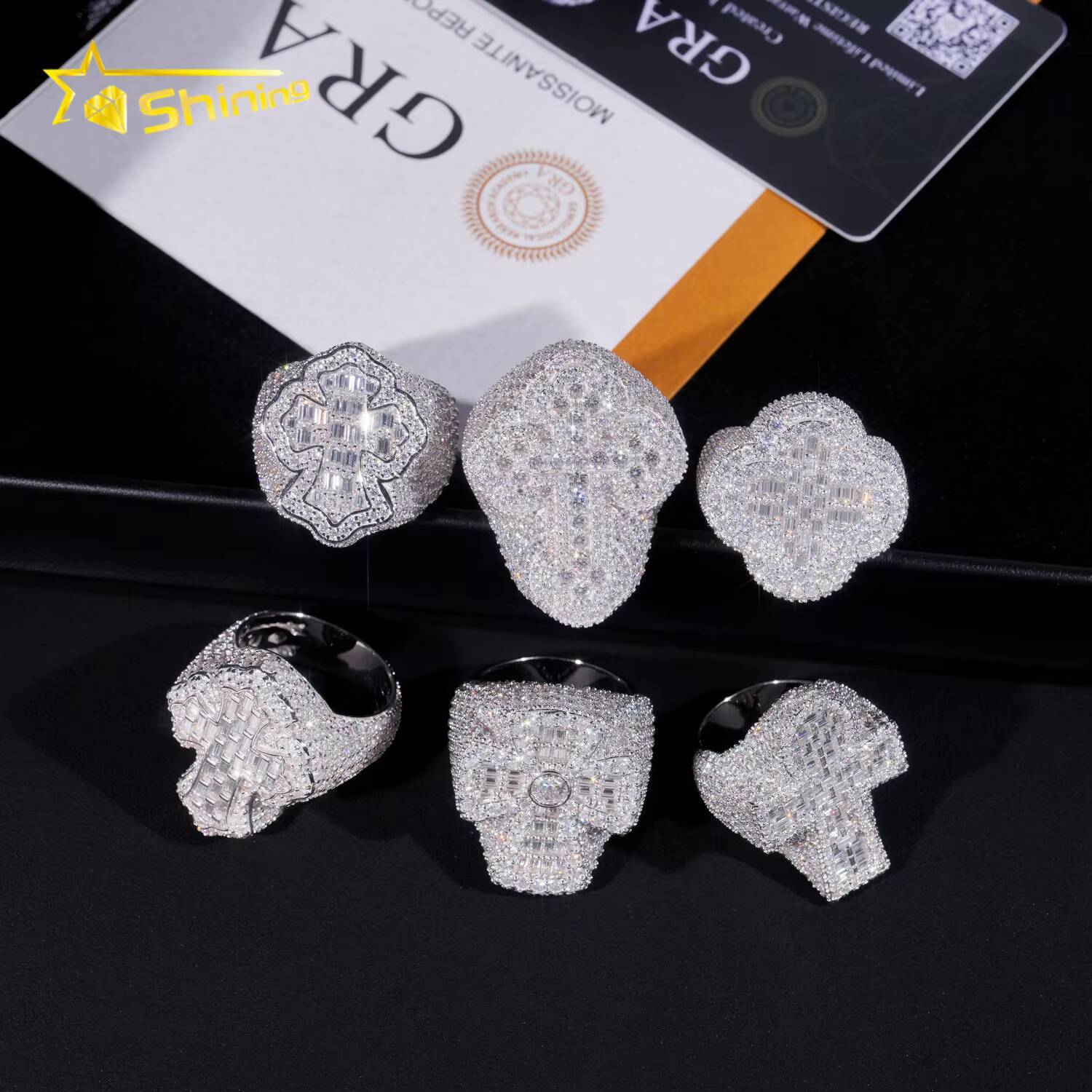 GRA Certificate Solid 925 Silver Gold Plated Fine Jewelry Sparkle Cross Style Iced Out Moissanite Men Rings Hip Hop Ring
