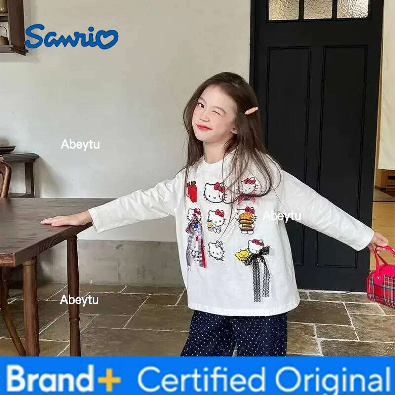 Sanrio Hello Kitty Girls Anime Cartoon Bow T Shirt Kawaii Spring and Autumn New White Print Long Sleeve Fashionable Versatile H260120