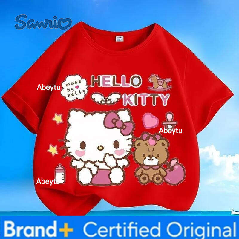 Sanrio New Hello Kitty T-shirt Breathable Skin-friendly Anti-wrinkle Easy Care Loose Versatile Crew Neck Short SleeveTops for Kids H260120