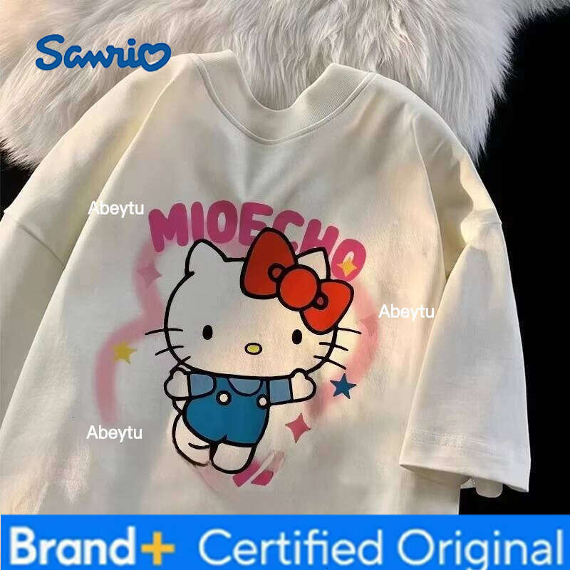 Sanrio 25 Summer Sweet Cute Hello Kitty Printed Cotton Short Sleved Tee Loose Casual Kids Girls T-shirts Versatile For Women's Tops Y2K H260120