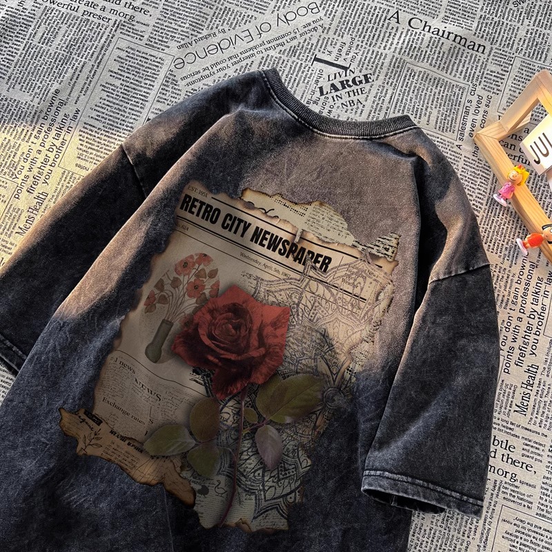 American Casual Vintage Versatile INS Streetwear Washed Distressed Rose Print Cotton Short-Sleeve T-Shirt for Men