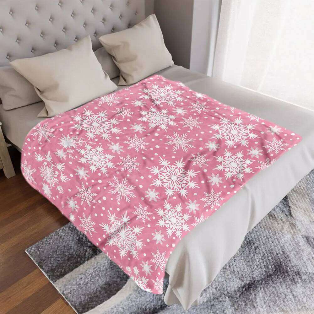 Pink Winter Snowflake Blanket - Soft Cosy Printed Throw with White Snowflakes & Dots, Festive Whimsical Design for Seasonal D W260120