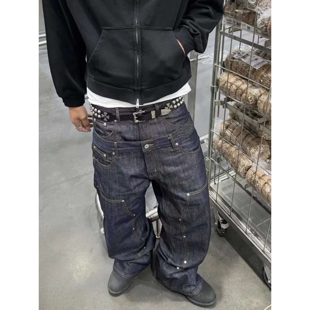 American-style high street retro patchwork double-waist top street low-rise denim pants for men, loose straight wide-leg trendy brand long pants J2601