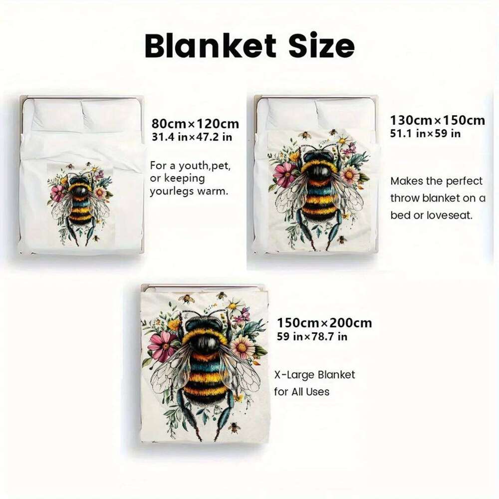 1pc Ultra Soft Lightweight Flannel Blanket with Vibrant Bee & Floral Design Cozy Warm Throw for Camping, Travel, Home Decor - W260120