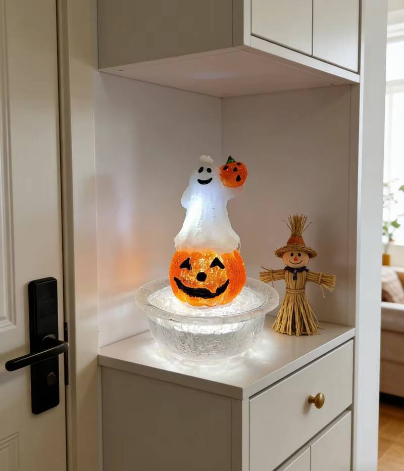 USB Powered Transparent Resin Desktop Fountain Halloween Pumpkin Lantern for Home Party Decoration