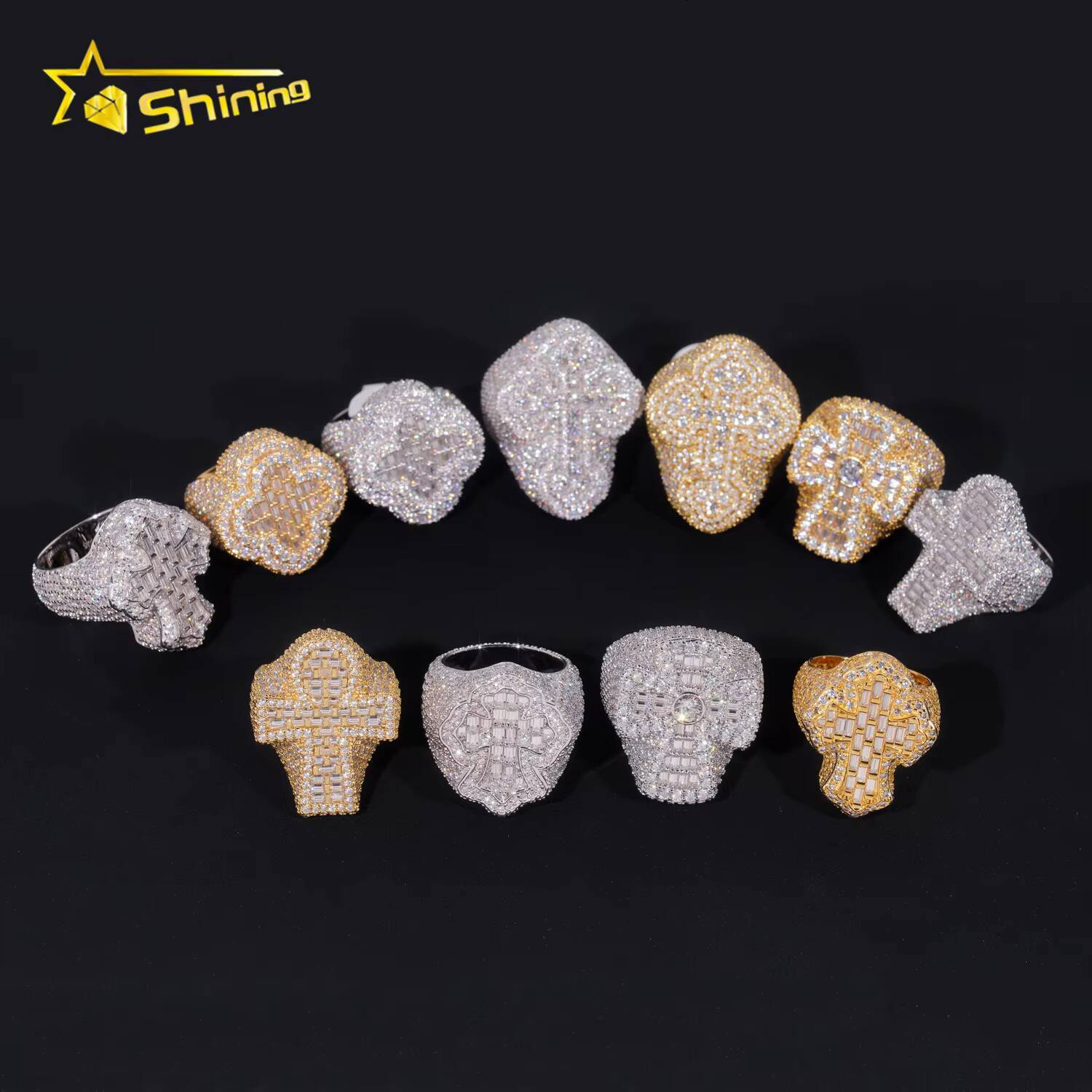 GRA Certificate Solid 925 Silver Gold Plated Fine Jewelry Sparkle Cross Style Iced Out Moissanite Men Rings Hip Hop Ring