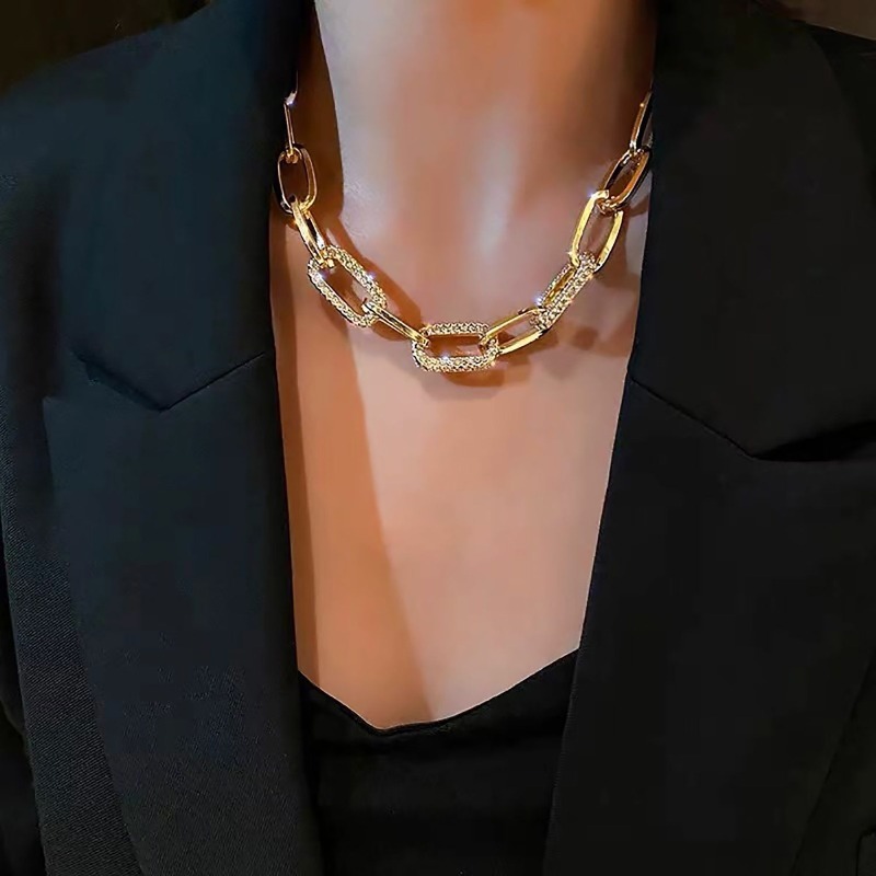 Jewelry Set Gold Tone Double Link Chain Necklace And Earring Set With Cubic Zirconia For Women Trendy Minimalist Versatile Accessory