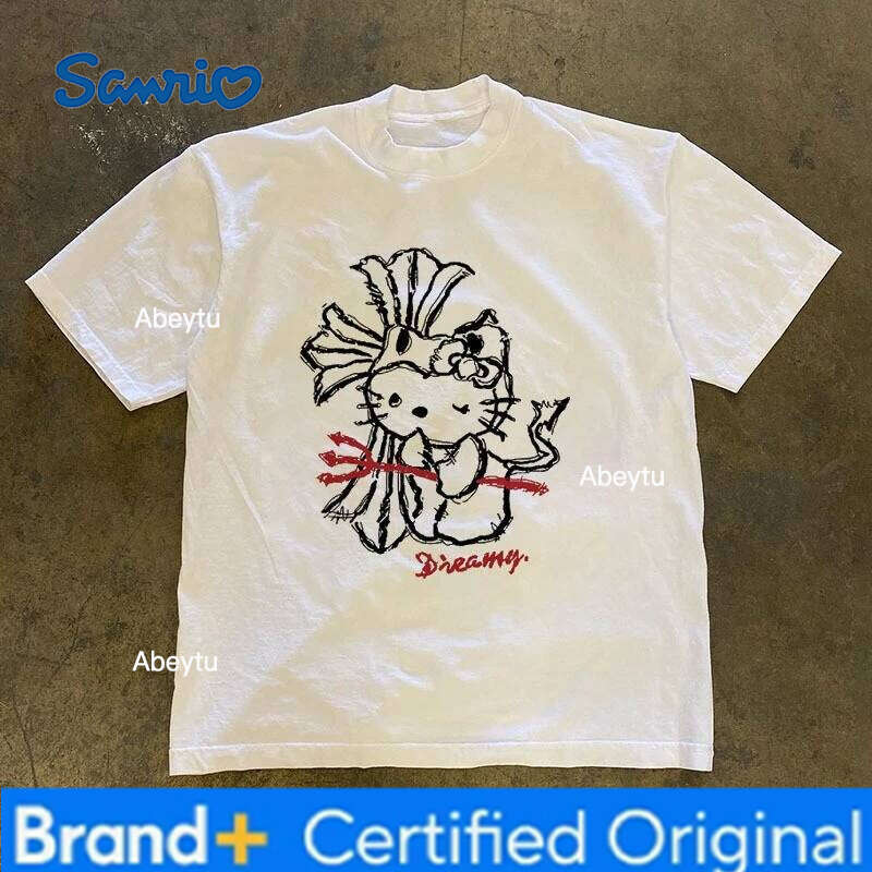 Sanrio Hello Kitty Series Funny Print Cotton T-Shirt Summer Cartoon Graphic Women's T-shirts Crew Neck Fashion Loose Casual Top H260120