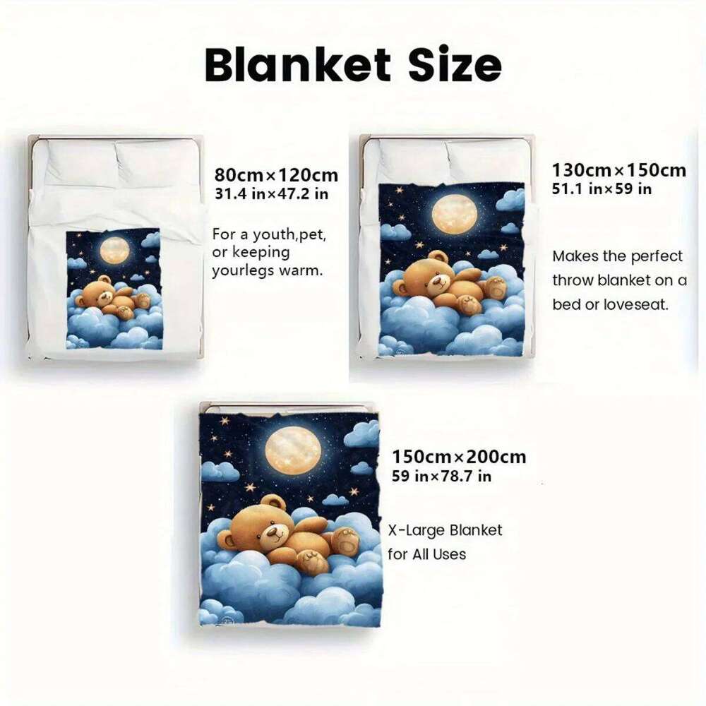 1pc Teddy Bear Moon Cloud Night Sky Flannel Blanket Cute Kids Bedding Soft Comforter Bedroom Decor Dreamy Sleep Gift W260120