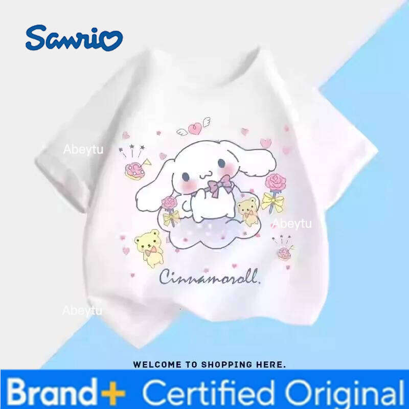 Sanrio Cinnamon Dog Joint Children's Summer Short-sleeved Cartoon Animation Surrounding Print T-shirt Top Loose Trend H260120