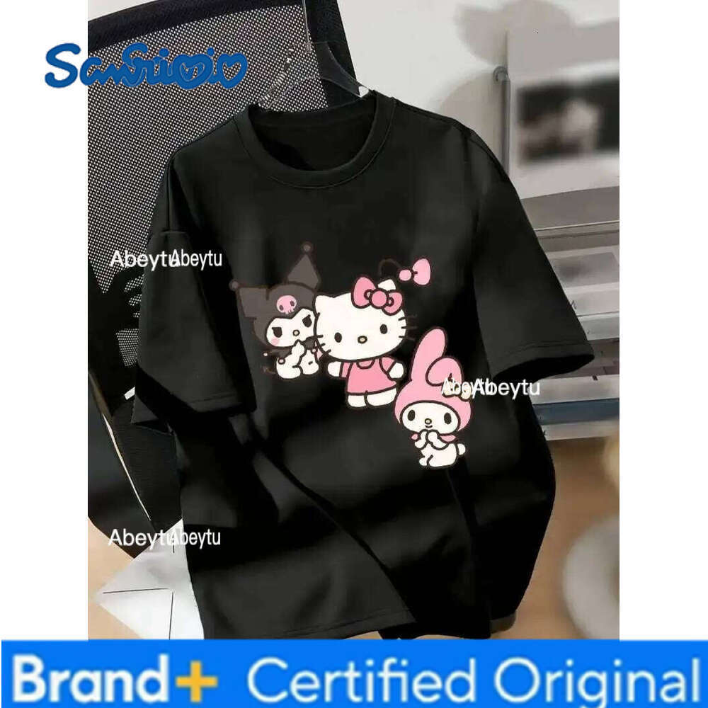 Sanrio Printed Shoulder Down Short Sleeved Round Neck Casual Pure Cotton Comfortable T-Shirt, Spring And Summer Women's Clothing H260120