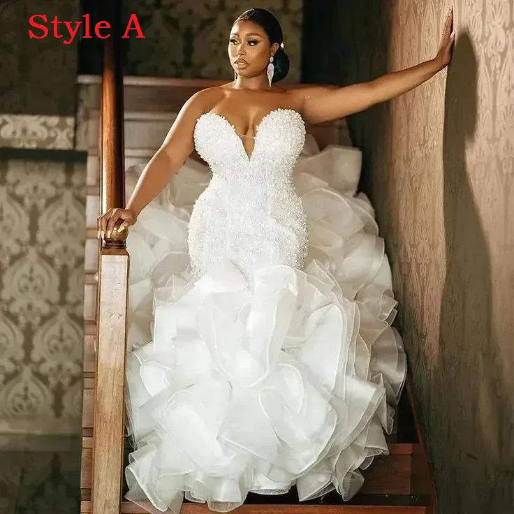 Customized Luxury White Mermaid Wedding Dresses for Bride SweetNeck Cascading Ruffles Pearls Plus Size Women Bridal Gowns Vestidos De Novia Plus Size
