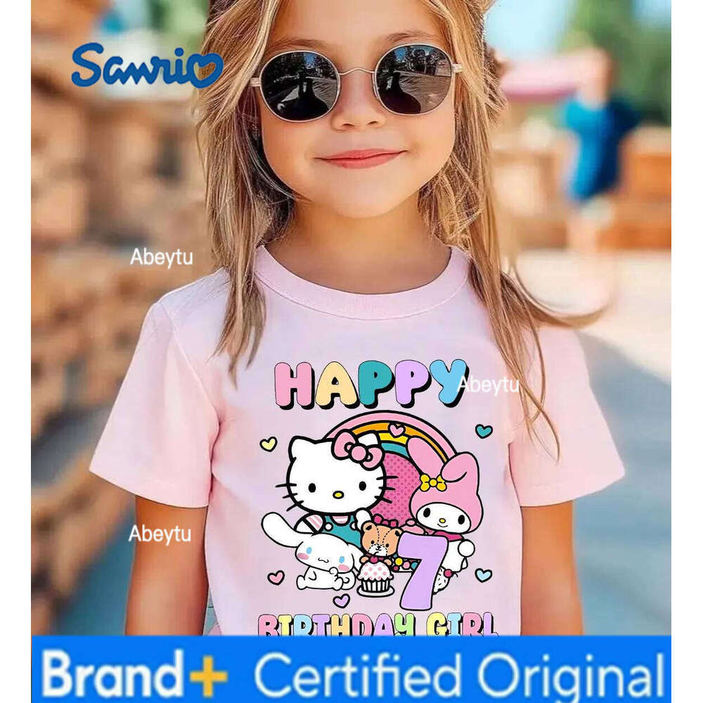 Sanrio Hello Kitty Baby Girls Birthday Number 1-9 T-shirt Cartoon Print Short Sleeve Children's Clothing Party Supplies Cotton Tee H260120