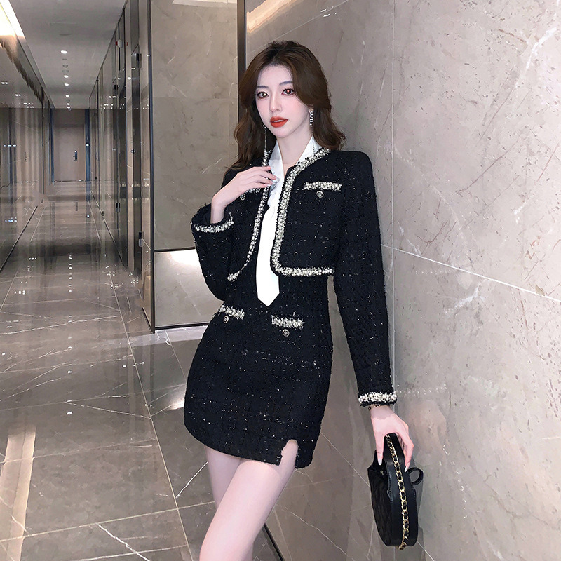 High end fragrance style dress set for women, autumn and winter hot items, small and spicy girl two-piece set, camisole skirt, short jacket, top ddmyS