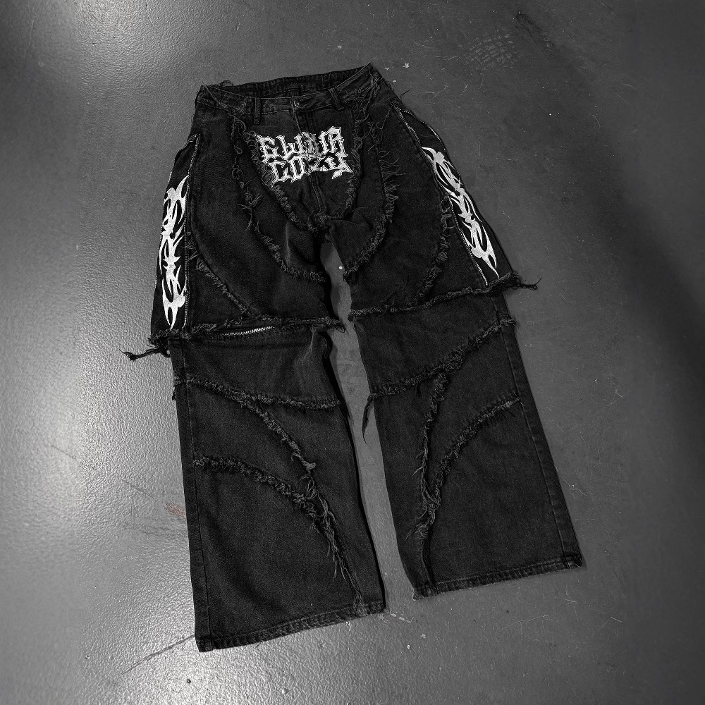 American Y2K Street Style Cozy Zipper Patchwork Detachable Loose Black Jeans Mid-Length Pants