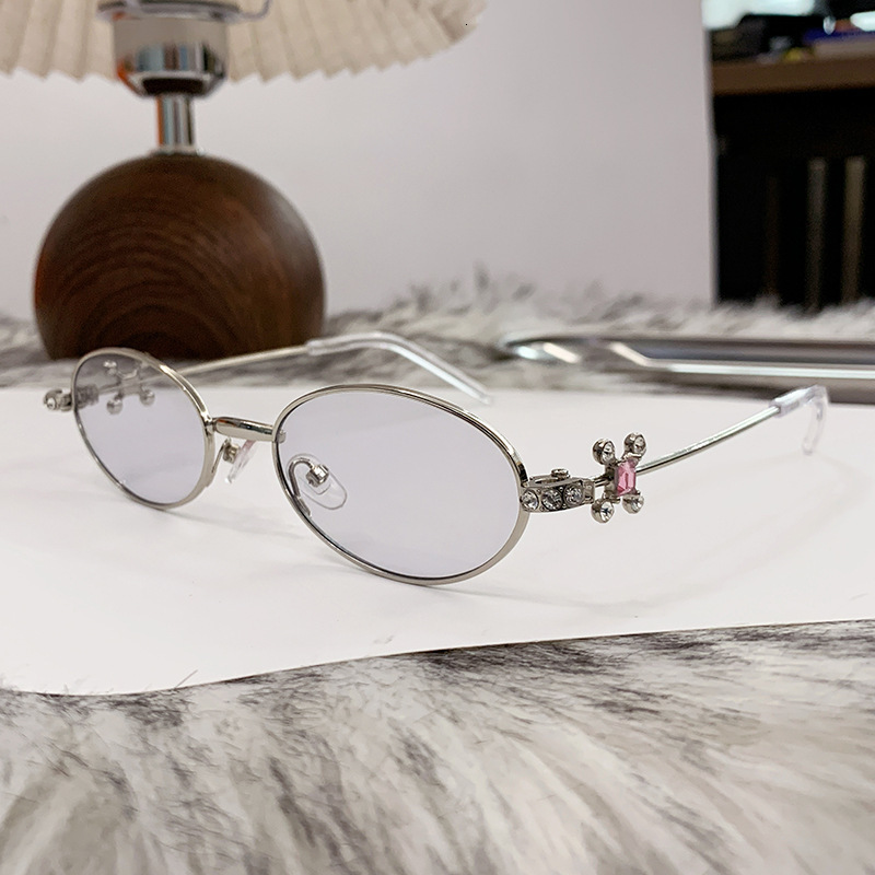 Luxury Brand Designer Sunglasses On Ring Jewelry Series Elegant Pink Diamond Metal Eyeglass Frame Jennie Same Style Silver Small Oval Non-Prescription