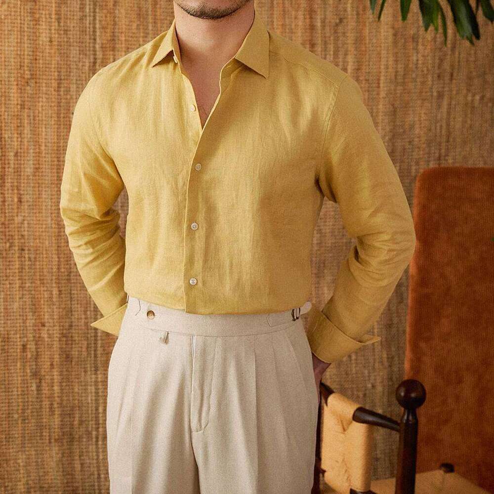 Mr. Lu San White 100% Linen Italian-Style Eight-Collar Long-Sleeved Casual Commuting Breathable Light Luxury Shirt For Men Mdng260120