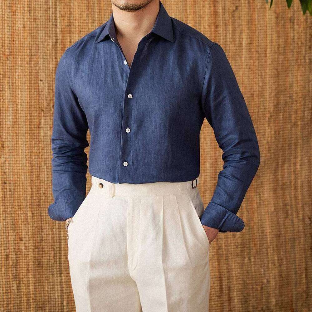 Mr. Lu San White 100% Linen Italian-Style Eight-Collar Long-Sleeved Casual Commuting Breathable Light Luxury Shirt For Men Mdng260120
