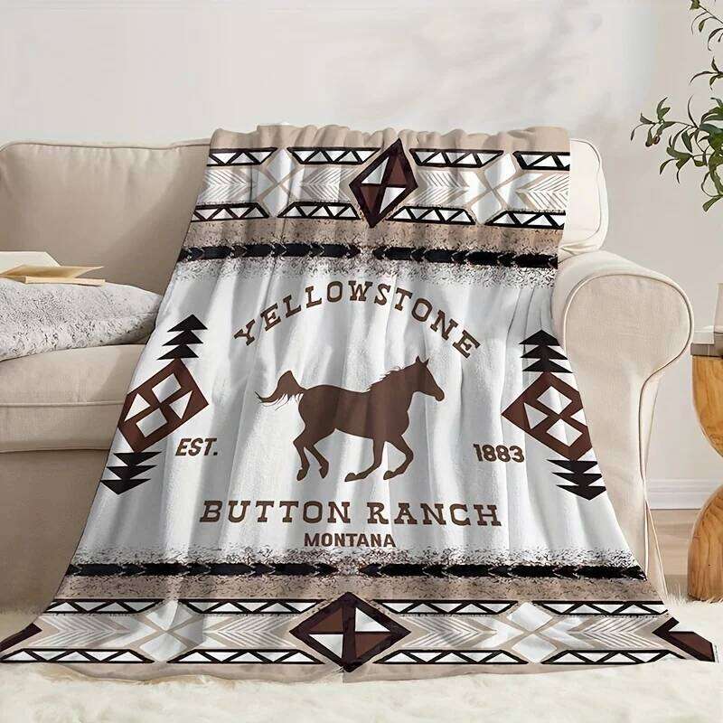 Vintage Southwestern Bohemian Throw Blanket Yellowstone 1885 Button Ranch Montana Design | Geometric & Horse Motifs W260120
