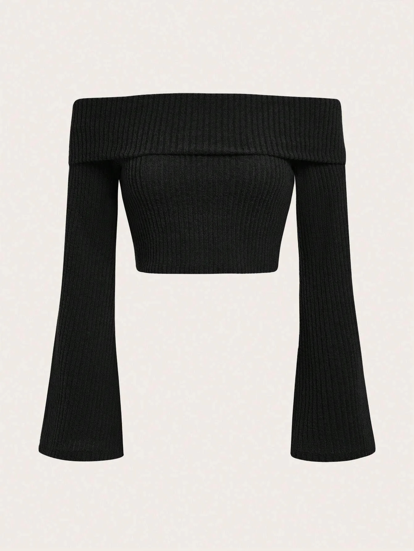 Women Off The Shoulder Flare Long Sleeve Crop Top Fall Spring Sexy Rib-knit Fleece Cropped Blouse Tee Shirts Streetwear Y2K 260119