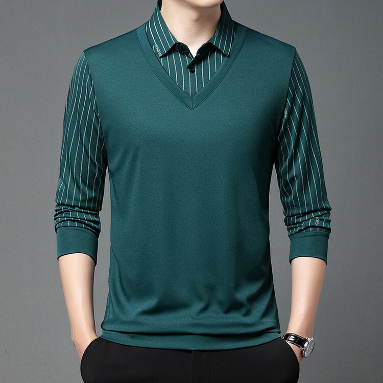 2024 Men's Long Sleeve T-shirt, Spring and Autumn Thin Layered Two-piece Top, Middle-aged Men's Shirt Collar Striped Underwear Shirt for Men