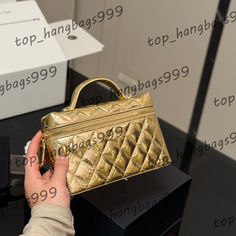 26x Shiny Leather Checkered Pattern Lunch Box Makeup Bag Designer Ladys Shoulder Sacoche Gold Metal Matelasse Chain Handle Purse Luxury Crossbody Handbag 19cm