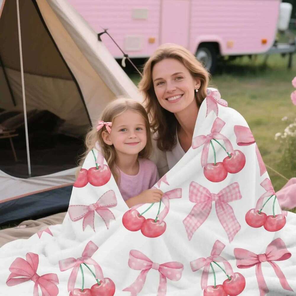 Pink Bow Throw Blanket Soft Flannel, Cute Bowknot Cherry Design, Preppy Girly Gift for Girls, Women, Teens W260120