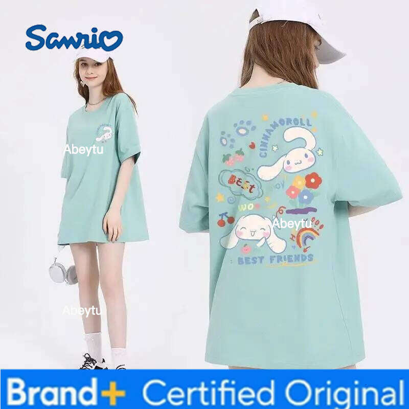 Sanrio Anime My Melody Cinnamoroll Kuromi Short-Sleeved T-Shirt 100% Cotton Summer Cartoon New Round Neck Loose Half-Sleeve H260120