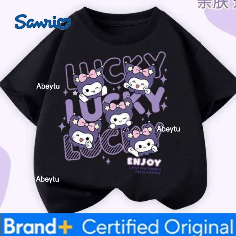 Sanrio Kuromi Kawaii Girls T Shirt Anime Cartoon New Short Sleeved Summer Fashionable Loose Simple Round Neck Breathable Cotton H260120
