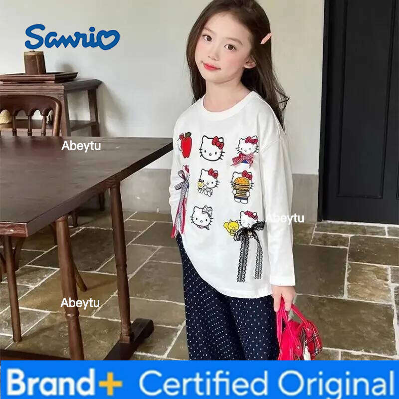 Sanrio Hello Kitty Girls Anime Cartoon Bow T Shirt Kawaii Spring and Autumn New White Print Long Sleeve Fashionable Versatile H260120
