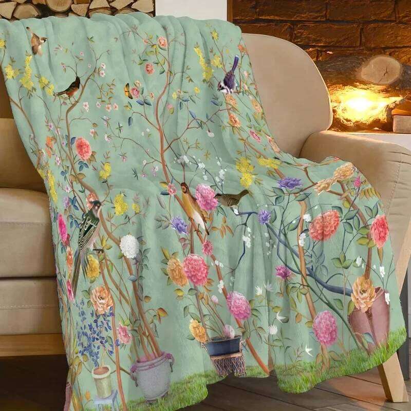 1pc Creative Flower and Bird Flannel Comfortable Warm Soft Sofa Throw for All Seasons Office Bed Travel Blanket W260120