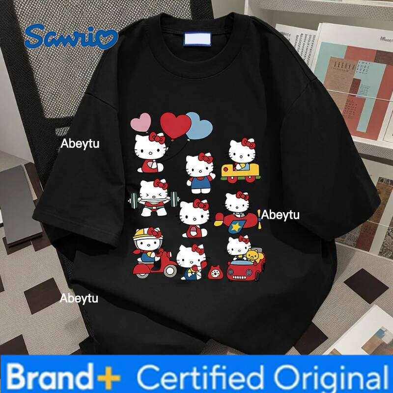 Sanrio Miniso Hello Kitty Kawaii Cotton ed Anime Fashion Women Men Summer Casual Street Personalized Top T-shirt H260120