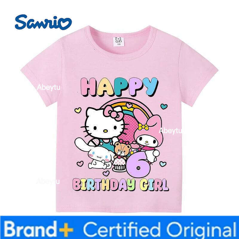 Sanrio Hello Kitty Baby Girls Birthday Number 1-9 T-shirt Cartoon Print Short Sleeve Children's Clothing Party Supplies Cotton Tee H260120